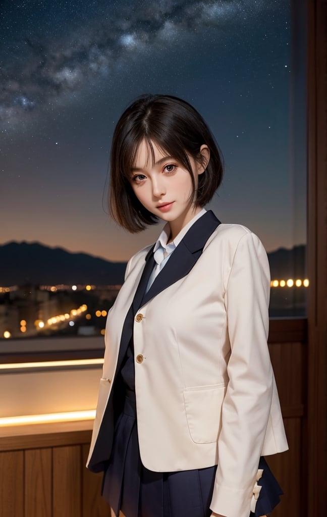 masterpiece, best quality, 1 girl, solo, ((an extremely delicate and beautiful)),school uniform, italian girl ,age 18, milky white skin,beautiful detailed eyes, short  hair,at night , beautiful starry sky, 