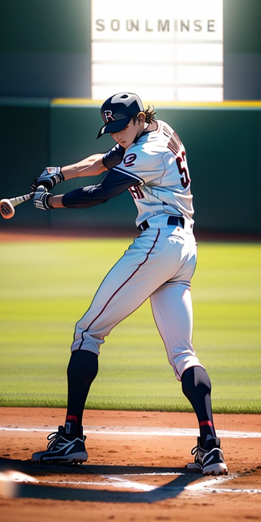 A realistic scene of a baseball player hitting the ball. The batter is mid-swing, with the bat connecting with the ball. The pitcher's mound is visible in the background, with the pitcher watching the hit. The infield is well-groomed, with the bases clearly visible. The stadium is filled with cheering fans, under bright stadium lights. The sky is clear with a hint of sunset.