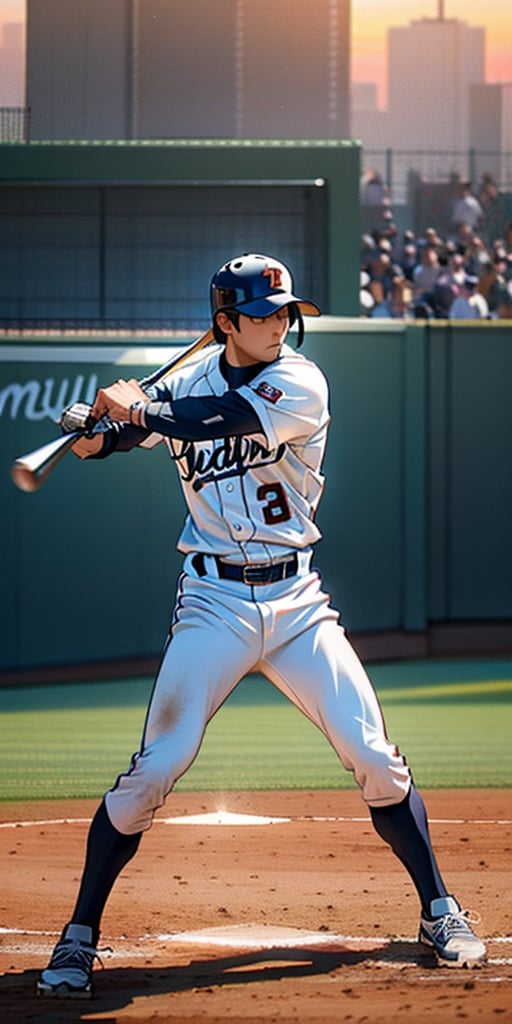 A realistic scene of a baseball player hitting the ball. The batter is mid-swing, with the bat connecting with the ball. The pitcher's mound is visible in the background, with the pitcher watching the hit. The infield is well-groomed, with the bases clearly visible. The stadium is filled with cheering fans, under bright stadium lights. The sky is clear with a hint of sunset.