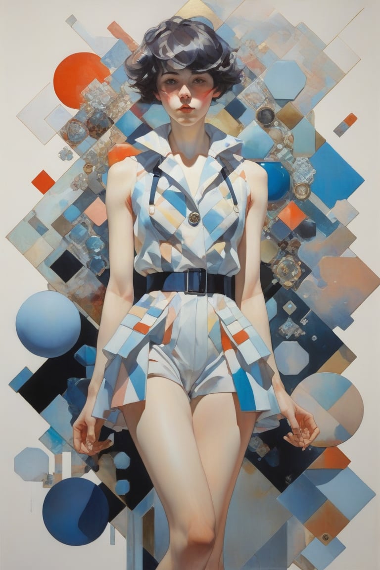 art by Makoto Shinkai, art by J C Leyendecker, norman rockwell, ilya kuvshinov, flat colors, gouache painting, 1girl, all  body shot , hypermaximalist, juxtapositions extraordinaire,(partially made out of geometric shape figures:1.4), inkblots, made of crystals, flat colors, flat style