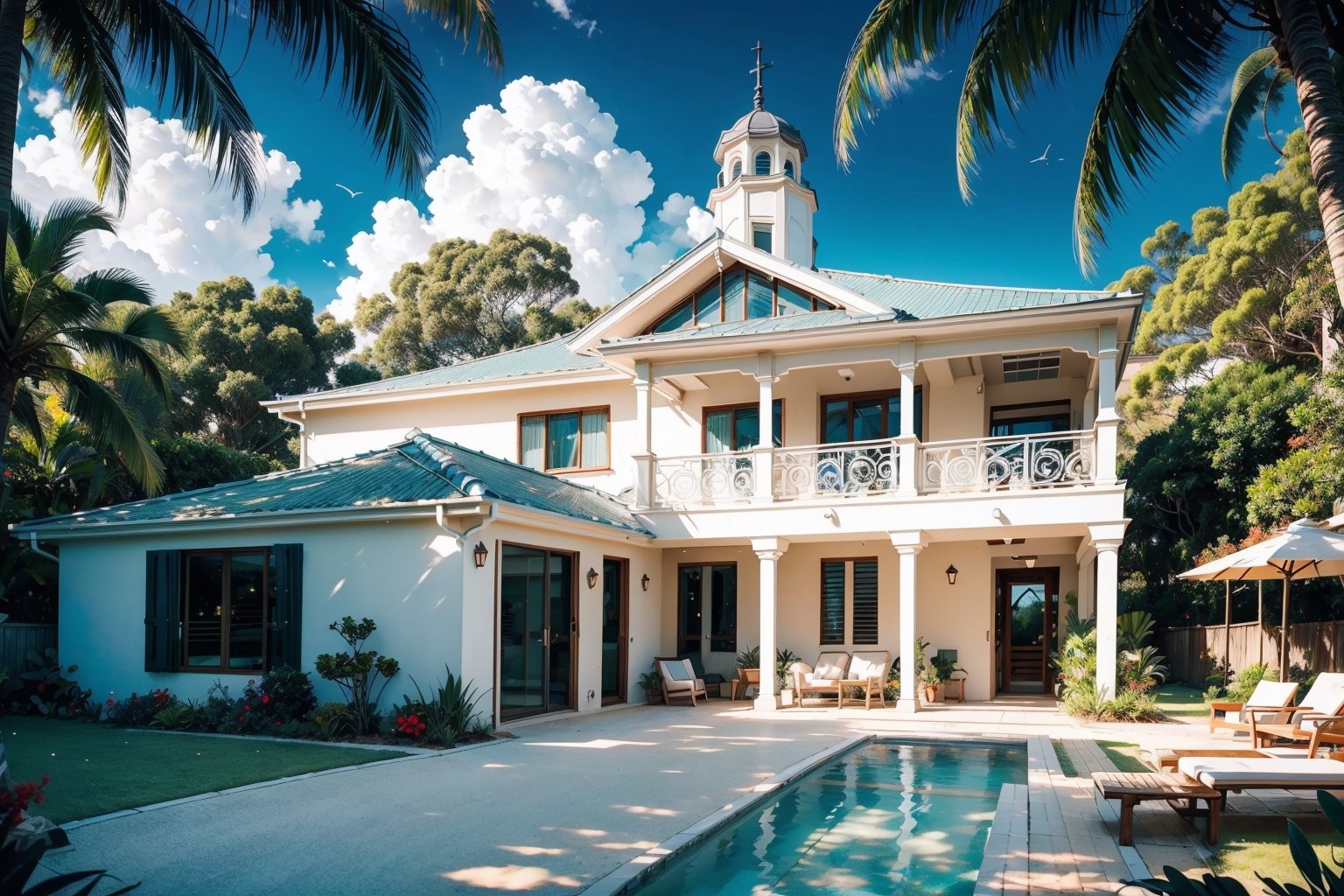 Exterior small ocean liner look with curved walls australian style house 1940's Smooth white rendered walls Photorealistic. Cinematic lighting. Beach and tropical forest background, Ultra details++ , add more details
