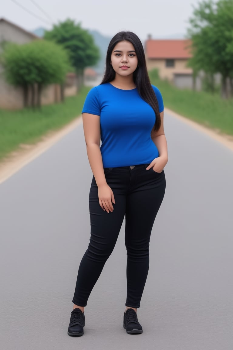 An indisn girl wearing  blue top and black jeans pant standing on the road, the girl is 23 years old, long black hair, nice fair body, super realistic 8k portrait, clear background, standing in a village , chubby short girl, visible background, fat girl ,<lora:659095807385103906:1.0>