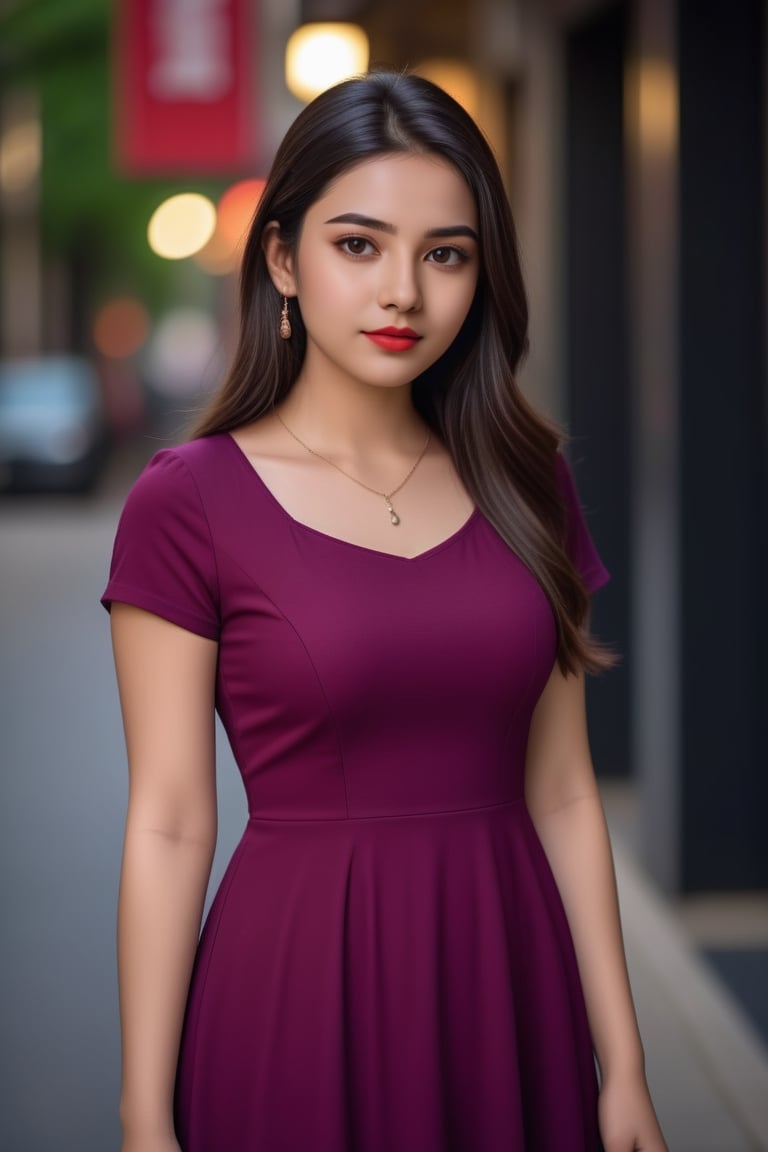 instagram photo, portrait photo of 23 y.o Chloe in red A line dress, pale skin, (smile:0.4), cozy, natural skin, hard lighting, (cinematic, film grain:1.1),black long hair  , necklace and ear ring, standing full body visible ,style pose blur background with bokeh , dark black vintage effect on background, dark background, chubby girl, blurry dark background, no cleavage visible,mediugirl, cute girl, violet color T shirt ,colorful vibrant light background ,Enhanced All, A line dress , no smile, stylish pose, full portrait ,LinkGirl,comic book, full body portrait, stylish ear ring, the dress covering the cleavage, dress covering upto neck, chubby girl, street photography , Indian beauty,<lora:659095807385103906:1.0>