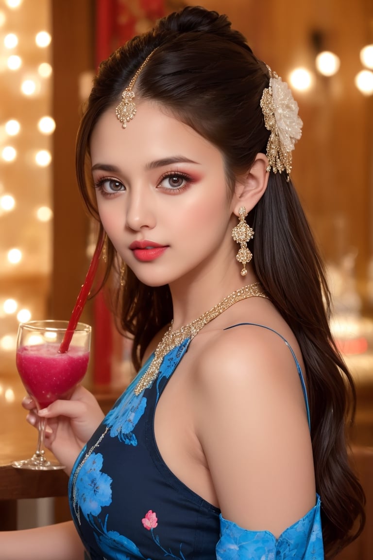 1girl,29 year old, solo, long hair, looking at viewer, black hair, hair ornament, brown eyes, upper body, blurry, lips, solid blue background, half the shoulder style blue dress, floral print, realistic, red lips, bar background, lights background holding juice glass