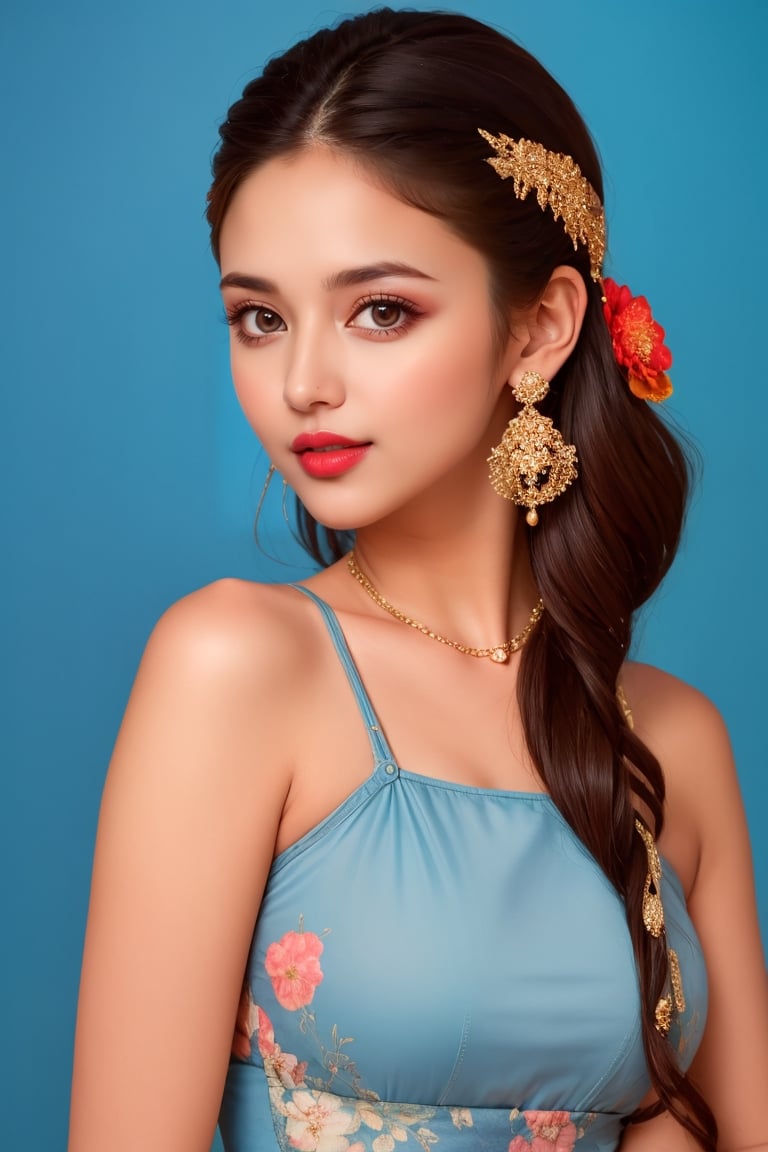 1girl, solo, long hair, looking at viewer, black hair, hair ornament, brown eyes, upper body, blurry, lips, solid blue background, half the shoulder style blue dress, floral print, realistic, red lips, bar background 