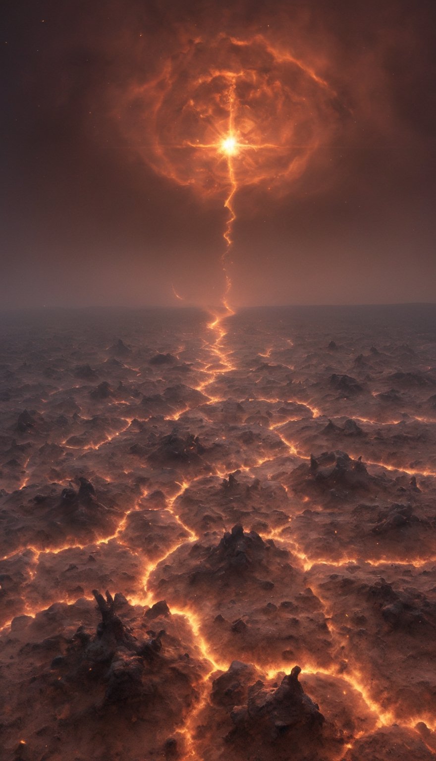 Desolate Alien Wasteland A desolate, alien wasteland stretching to the horizon, dotted with strange rock formations and geysers of noxious gas. The sky above is a swirling mass of toxic clouds, casting an eerie light over the barren landscape. Occasionally, a distant rumble shakes the ground as a volcano in the distance spews molten rock into the air.