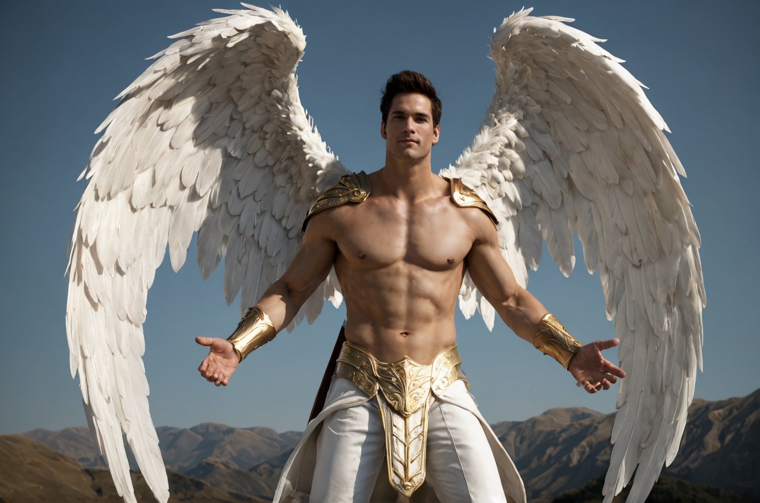 bdo_warrior, scene from movie, 1man, full body, front view, looking at viewer, extending arm towards viewer, inviting, smile, white angel wings, shoulder armor and gauntlets, white pants, golden sandals, bare chest, background of heavenly clouds, sophisticated details, sharp focus, masterpiece, perfect anatomy, perfect face, detailed face, handsome face, perfect hands, best quality, 8k, fantasy