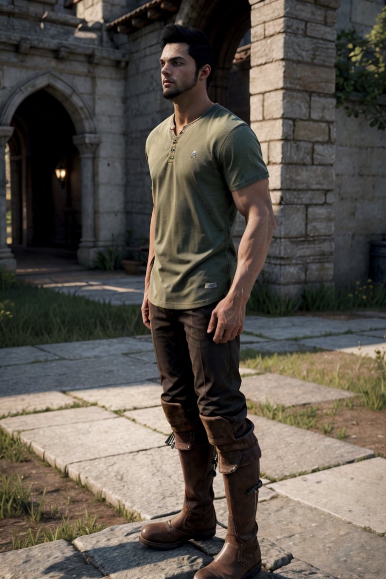 bdo_warrior, realistic image, 1man, full body, left side view, training, short black hair, facial hair, green shirt, brown pants, brown boots, castle courtyard, masterpiece, perfect anatomy, perfect hands, perfect face, detailed face, handsome face, 8k, best quality, detailed image, photographic image