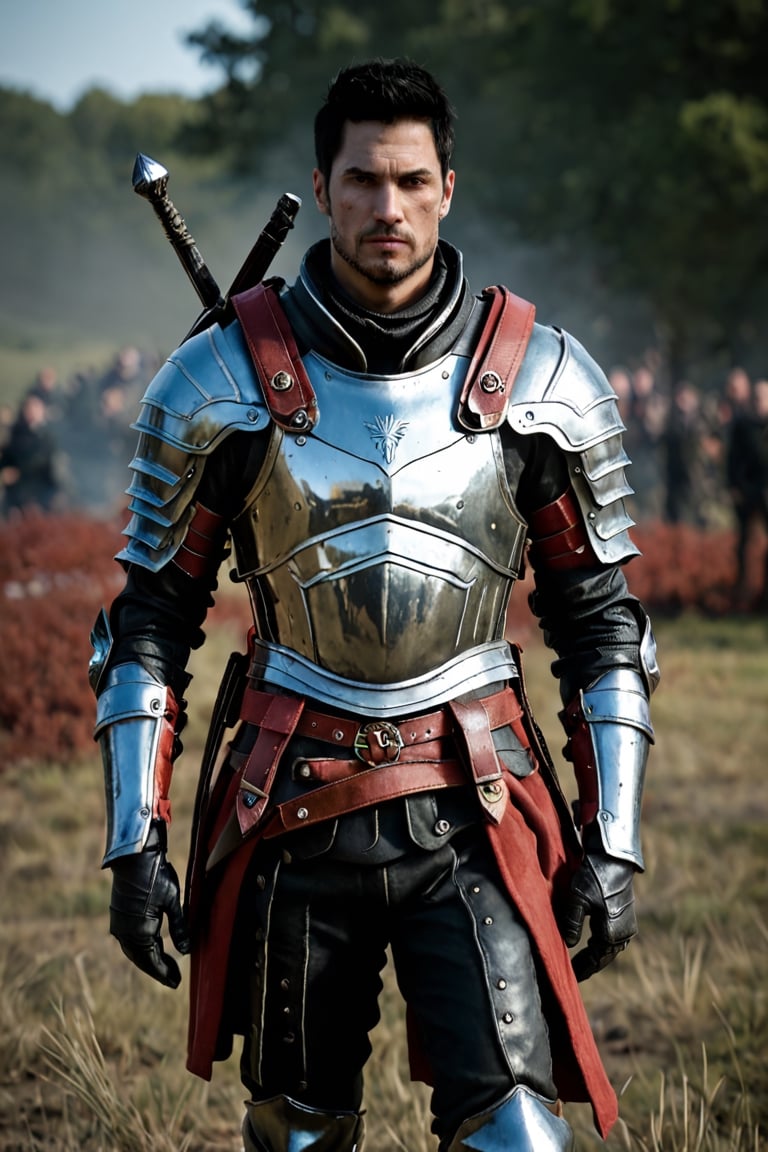 bdo_warrior, scene from movie, 1man, full body, front view, looking at viewer, short black hair, facial hair, red eyes, leather armor, leather gloves, leather boots, background of battlefield, sophisticated details, sharp focus,