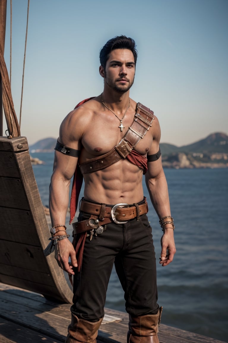 bdo_warrior, realistic image, 1man, full body, front view, looking at viewer, short black hair, facial hair, pirate outfit, belt over chest, black pants, black boots, red armband, bracelets, on a pirate ship, ocean, masterpiece, perfect anatomy, perfect hands, perfect face, detailed face, handsome face, 8k, best quality, detailed image, photographic image