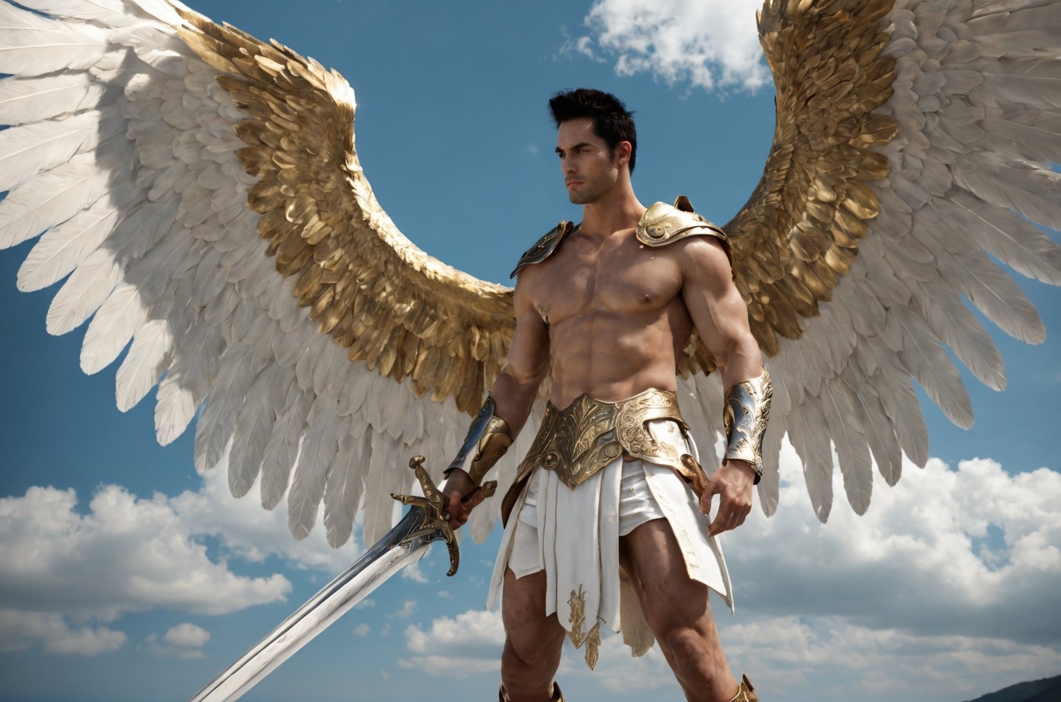 bdo_warrior, scene from movie, 1man, full body, right side view, holding greatsword, (holding big sword), white angel wings, golden shoulder armor and gauntlets, white pants, golden sandals, bare chest, background of heavenly clouds, sophisticated details, sharp focus, masterpiece, perfect anatomy, perfect face, detailed face, handsome face, perfect hands, best quality, 8k, fantasy