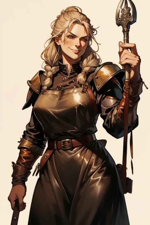 Vagnhild is an authoritative but jovial woman
in her 40s. She keeps her graying hair in bulky
braids and wears a thick leather apron. Vagnhild
used to be a mercenary and always carries a
warhammer on her belt. Jamie Lee Curtis face,ink