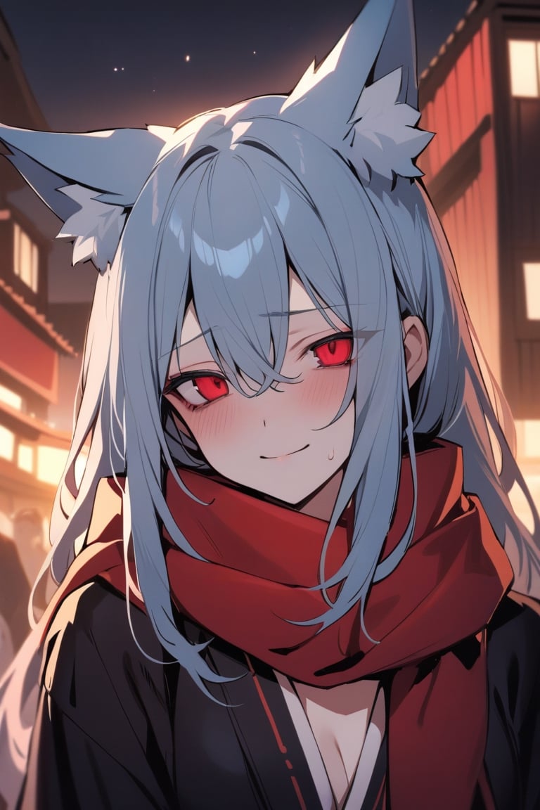 1girl, fox girl, fox ears, solo, upper body, half furry, Portrail, looking to the camera, detailed eyes, slow and tired breathing,
tired eyes, sad eyes, Lost look, big black circles under eyes, crimsom red eyes, long hair, light blue hair, black inner hair,
Red scarf, Black strapless kimono, tired smile, depression,  Japanese night city with slightly illuminated buildings background, 
masterpiece, best quality,