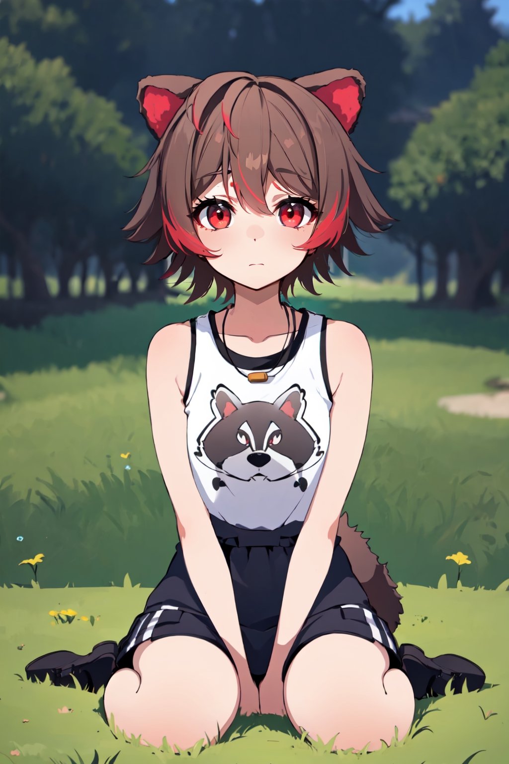 masterpice, best quality, UHD, many details, quality details, made by a master, good outline, 1 girl, athletic body, female_solo, single, full_body, looking_at_viewer, short_hair, brown_hair, red_eyes, animal_ears, animal tail, raccon tail,  japanese style sitting, ,sangonomiya kokomi (sparkling coralbone),Rakkun