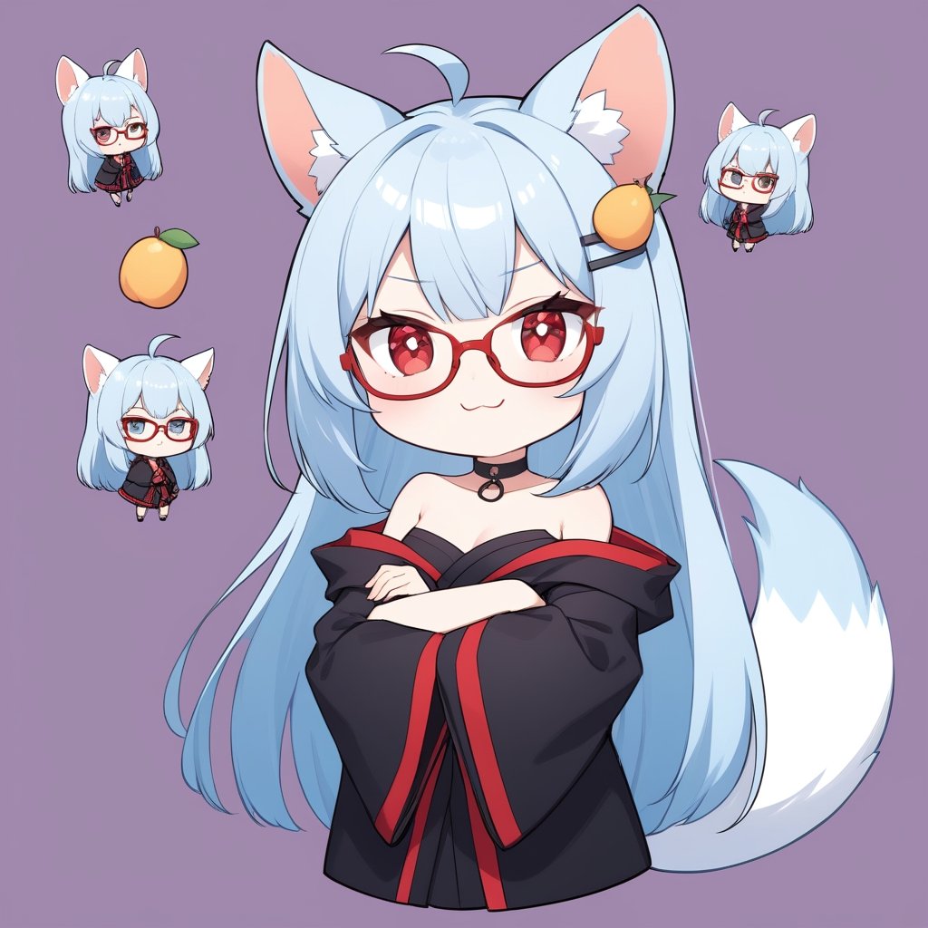 (chibi style), {{{masterpiece}}}, {{{best quality}}}, {{ultra-detailed}}, {beautiful detailed eyes},1girl, solo, fox girl,  ((light blue hair)), very long hair, red crimsom eyes, (straight hair), (bangs), animal ears, (stoat ears:1.2), Choker, ahoge, fangs, (big stoat Tail:1.2), (mini mango hairpin), (black strapless kimono), (black hooded oversized jacket:1.2), (Off the shoulders), (glasses), (smug smile), ((with arms folded)), upper body,chibi emote style,chibi,emote, cute,comic book,