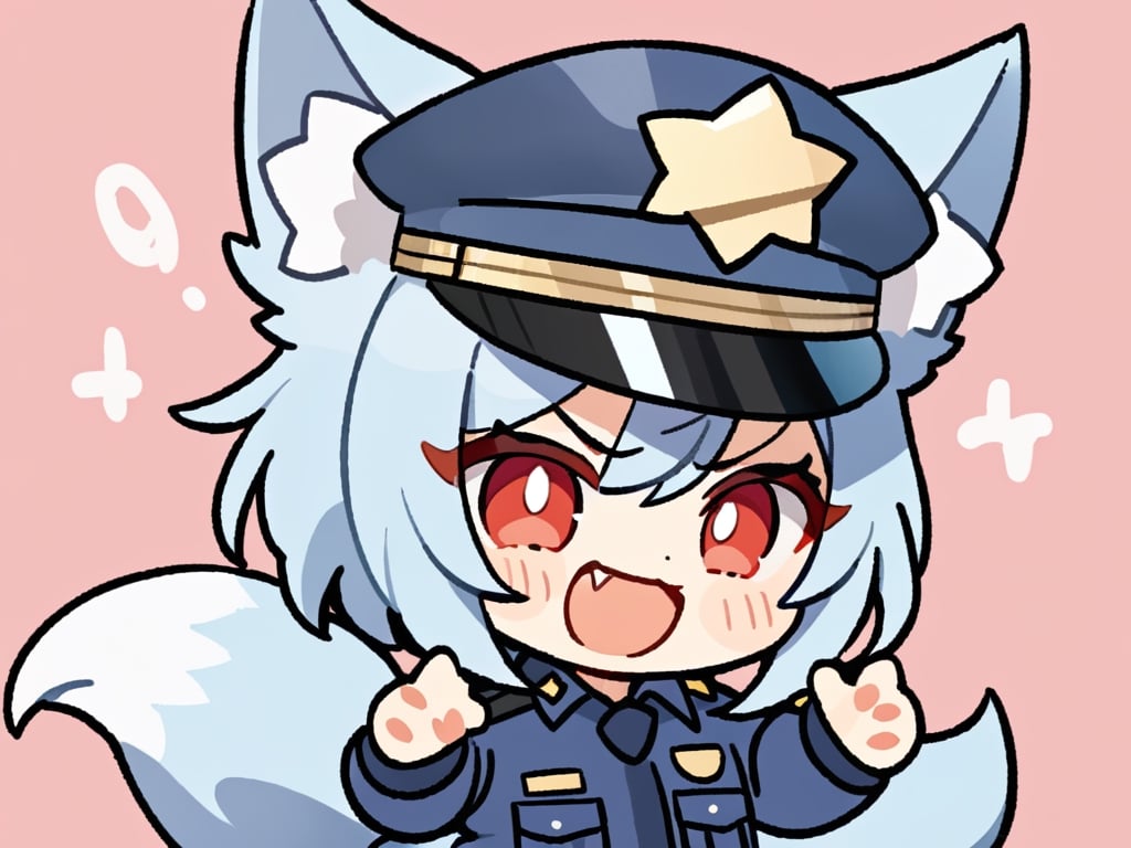 masterpiece, made by a master, 4k, perfect anatomy, perfect details, best quality, high quality, lots of detail.
1 girl, single, fox girl, Fox tail, kumiho, long light blue hair, crimsom red eyes, police_uniform, police equipmen, police hat.
looking at camera, smiling, fang, happy, slightly angry, chibi, Emote Chibi.
simple background,