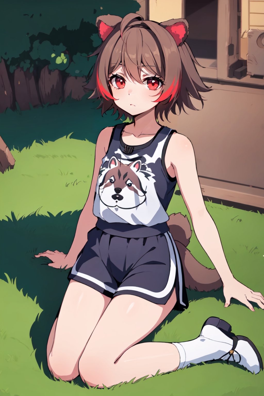 masterpice, best quality, UHD, many details, quality details, made by a master, good outline, 1 girl, athletic body, female_solo, single, full_body, looking_at_viewer, short_hair, brown_hair, red_eyes, animal_ears, animal tail, raccon tail,  japanese style sitting, ,sangonomiya kokomi (sparkling coralbone),Rakkun