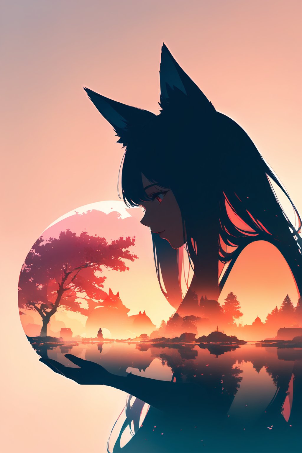 silhouette of a fox girl whit long hair in profile. fox ears, red crimsom eyes, Soft colors. Inside the silhouette you can see the double exposure with a sakura flower, masterpiece, ((double exposure)), proportional.,DOUBLE EXPOSURE