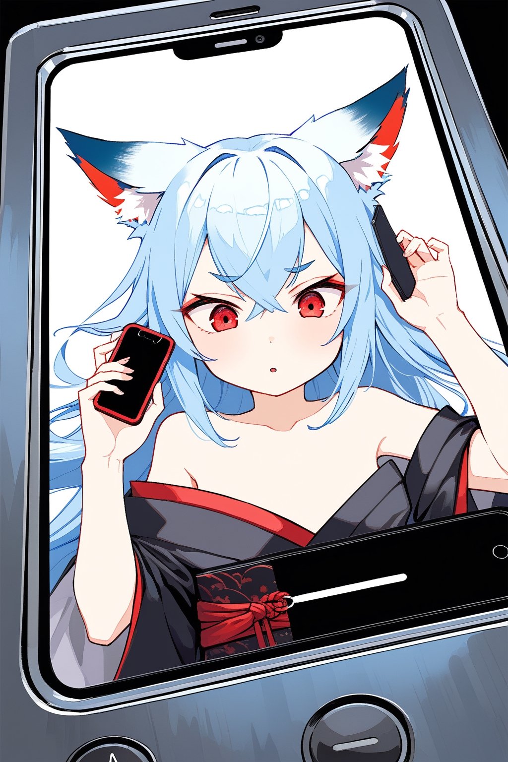 phone screen, a girl , fox girl, kumiho, light blue hair, long hair, red crimsom eyes, insane detail, fine details, little foxes, black strapless kimono, scared, hitting the cell phone from inside, trying to get out