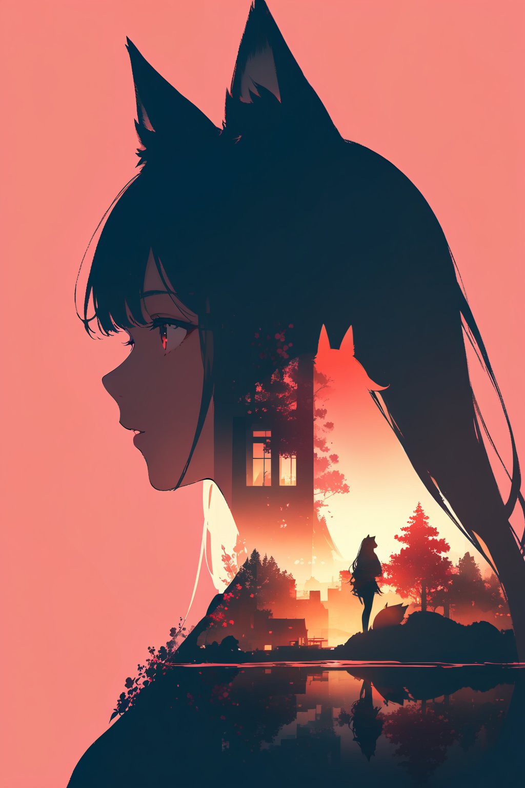 silhouette of a fox girl whit long hair in profile. fox ears, red crimsom eyes, Inside the silhouette you can see the double exposure with a sakura flower, masterpiece, ((double exposure)), proportional.,DOUBLE EXPOSURE