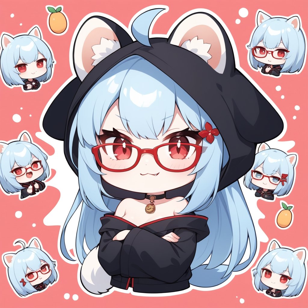 (chibi style), {{{masterpiece}}}, {{{best quality}}}, {{ultra-detailed}}, {beautiful detailed eyes},1girl, solo, fox girl,  ((light blue hair)), very long hair, red crimsom eyes, (straight hair), (bangs), animal ears, (stoat ears:1.2), Choker, ahoge, fangs, (big stoat Tail:1.2), (mini mango hairpin), (black strapless kimono), (black hooded oversized jacket:1.2), (Off the shoulders), (glasses), (smug smile), ((with arms folded)), upper body,chibi emote style,chibi,emote, cute,comic book,