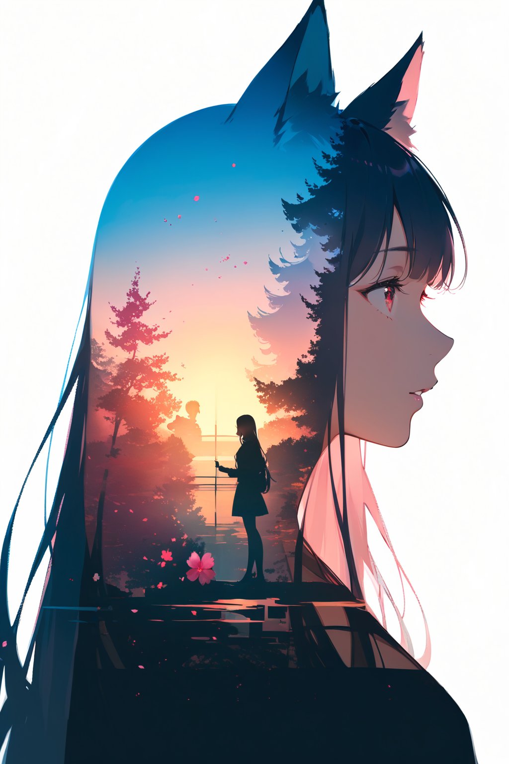 silhouette of a fox girl whit long hair in profile. long fox ears, red crimsom eyes, Soft colors. Inside the silhouette you can see the double exposure with a sakura flower, masterpiece, ((double exposure)), proportional.,DOUBLE EXPOSURE