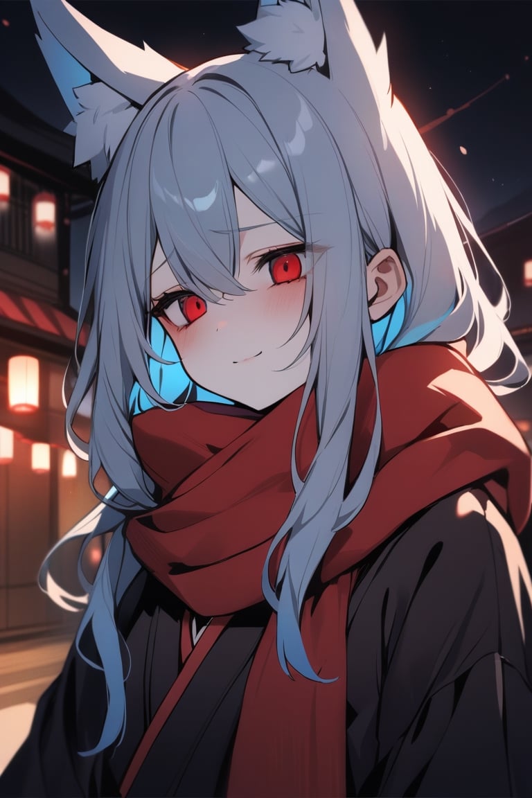 1girl, fox girl, fox ears, solo, upper body, half furry, Portrail, looking to the camera, detailed eyes, slow and tired breathing,
tired eyes, sad eyes, Lost look, big black circles under eyes, crimsom red eyes, long hair, light blue hair, black inner hair,
Red scarf, Black strapless kimono, little smile, little mouth, depression,  Japanese night city with slightly illuminated buildings background, low lighting, little shine
masterpiece, best quality,