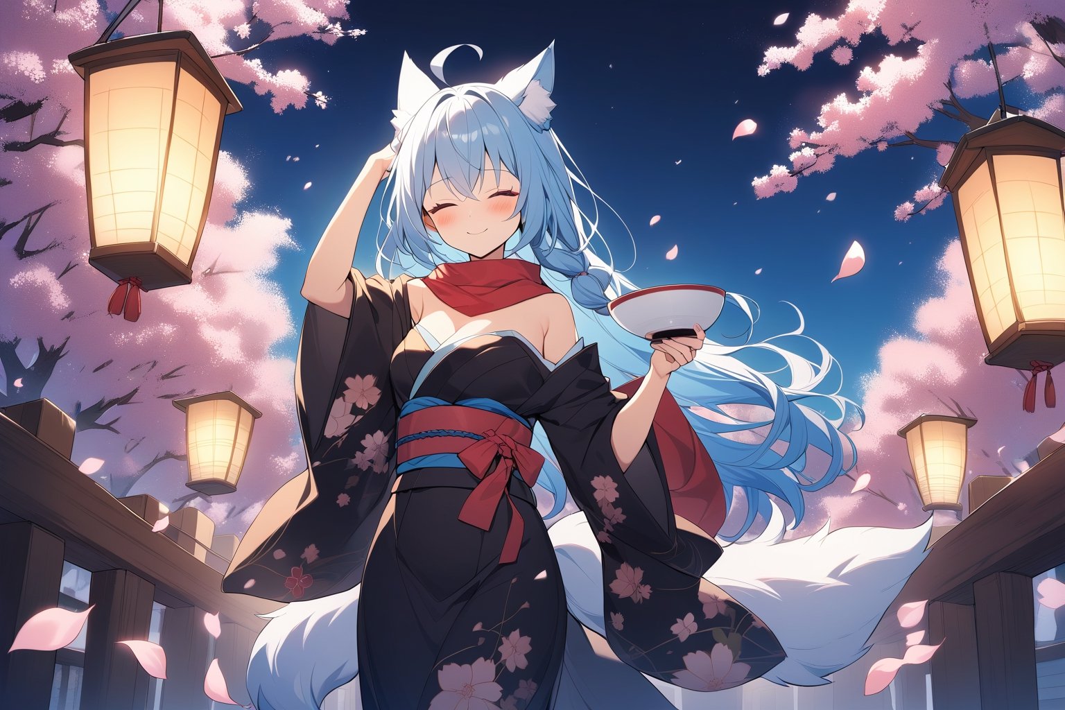 1girl, 1 fox girl, solo, 3 furry fox tails, light blue hair, long hair, ahoge, closed eyes, scratching own head with one hand, having a japanese flat sake cup with another hand, 
masterpiece, best quality, 
An anime-style illustration depicting a spring full moon night. The sky showcases a large, radiant full moon. The area is covered in blooming cherry blossoms, with petals gracefully dancing in the air. A girl with long, blue hair and closed eyes, distinguished by a single ahoge (a noticeable strand of hair that stands up), is holding a japanese sake cup while blushing and smiling gently as she looks at the cherry blossoms.She is adorned with a red scarf and dressed in a strapless black kimono with cherry blossom prints. The serene atmosphere is highlighted by the luminous moonlight casting a soft glow over the scene.