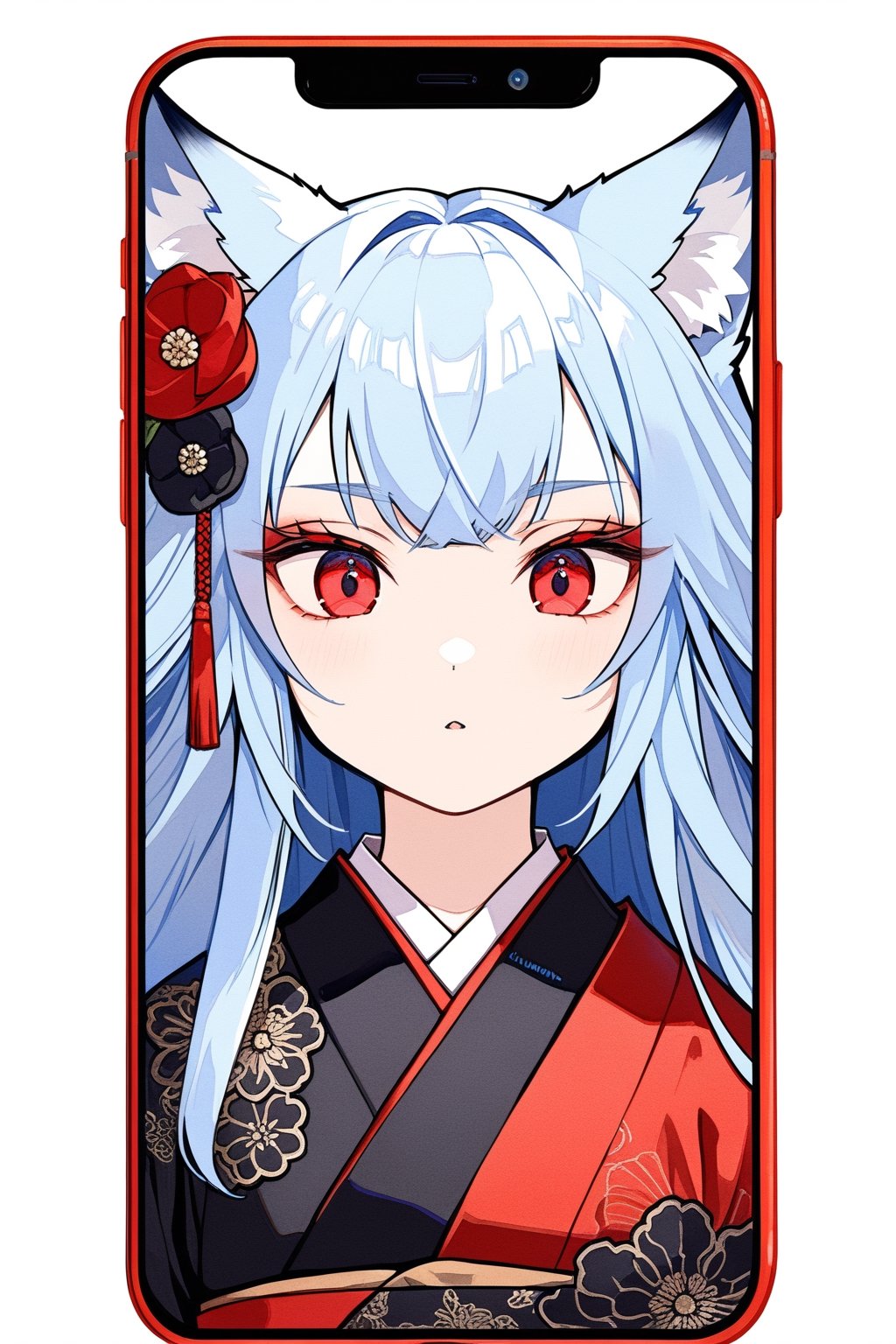 phone screen, a girl , fox girl, kumiho, light blue hair, long hair, red crimsom eyes, insane detail, fine details, little foxes, black strapless kimono,