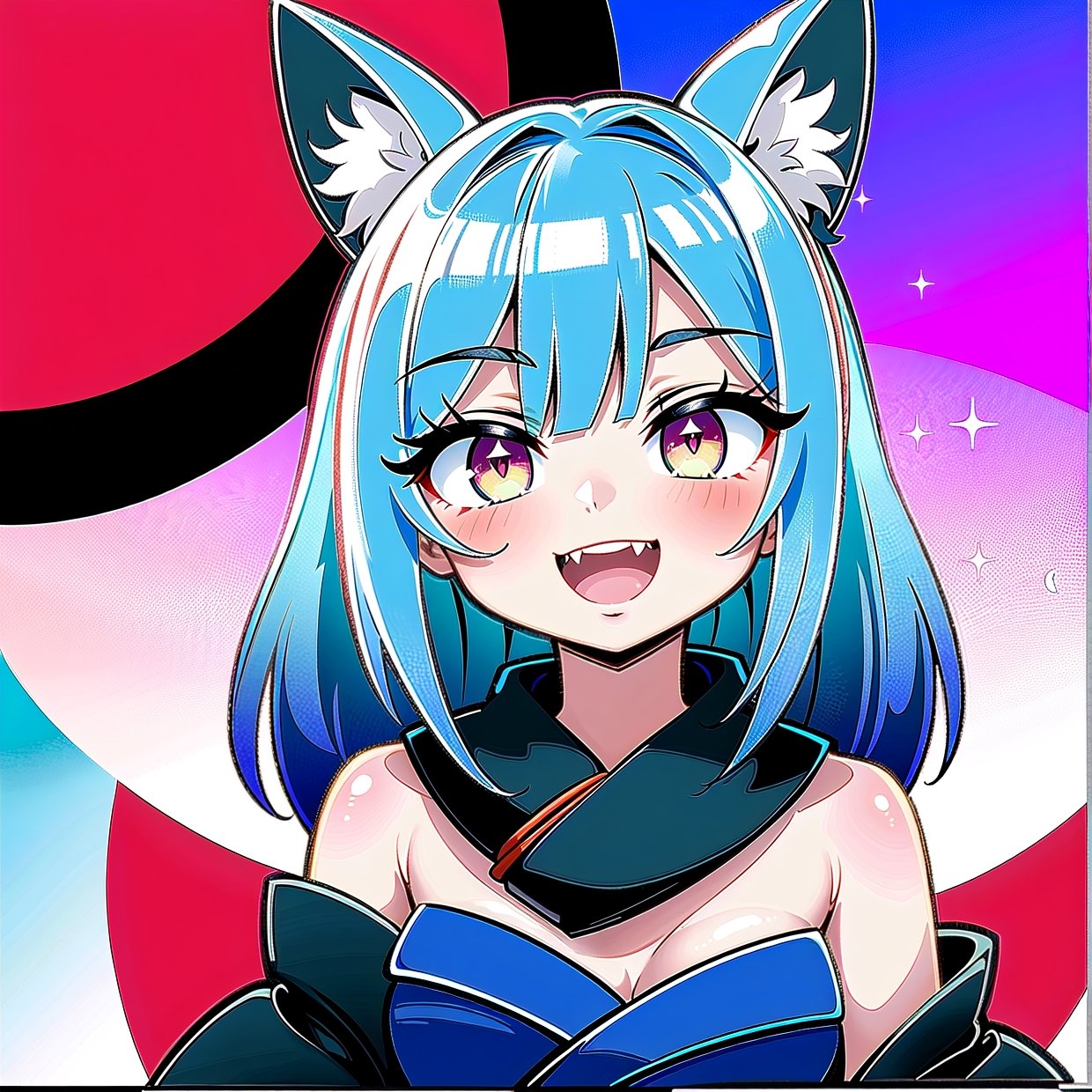 ((masterpiece, best quality)), highres, high contrast, depth of field, intense glow, simple background, 1girl, fox girl, long hair, light blue hair, cute_fang, cute, detailed eyes, sparkle in eyes, crimsom red eyes, detailed iris, black strapless kimono, black kimono, Red scarf, grin, stylized, open mouth, fang, holding a twitch logo with his hand, soft