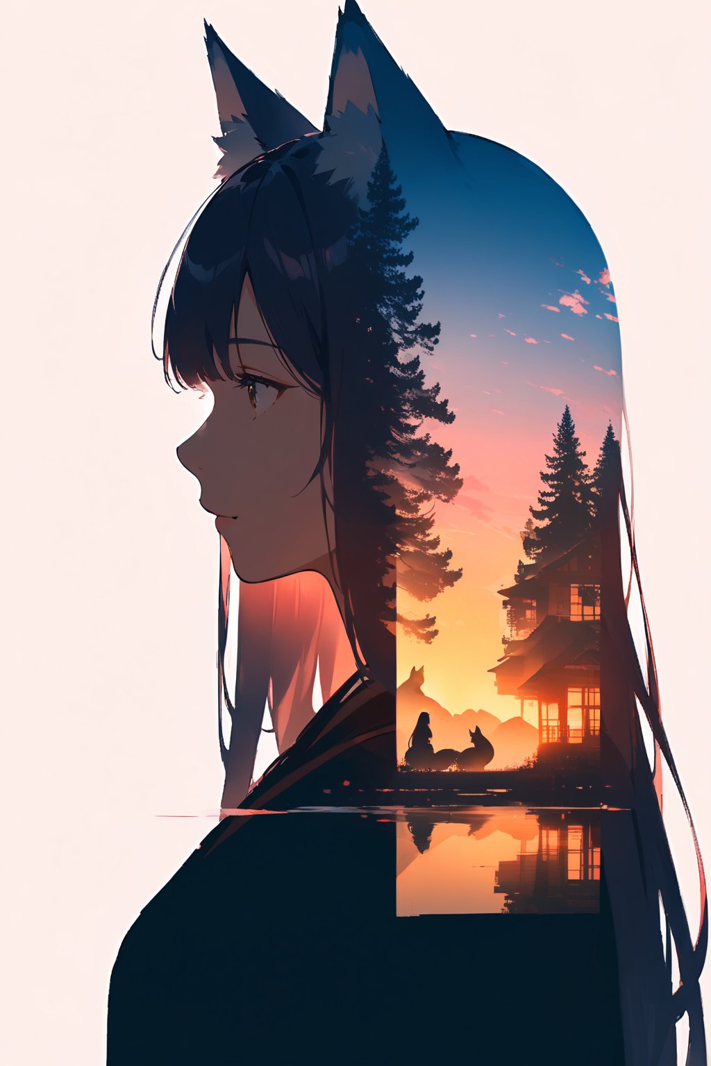 silhouette of a fox girl whit long hair in profile. fox ears Inside the silhouette you can see the double exposure with a sakura flower, masterpiece, ((double exposure)), proportional.,DOUBLE EXPOSURE