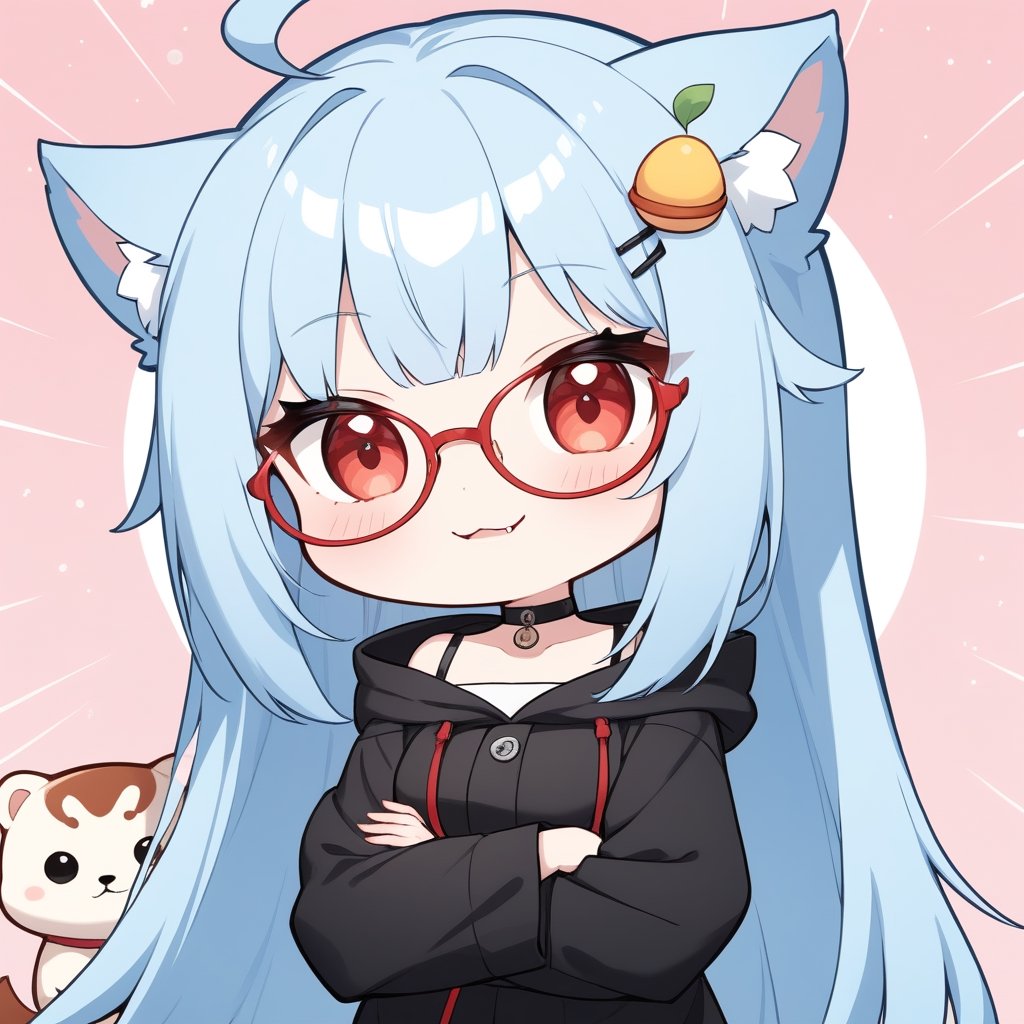 (chibi style), {{{masterpiece}}}, {{{best quality}}}, {{ultra-detailed}}, {beautiful detailed eyes},1girl, solo, fox girl,  ((light blue hair)), very long hair, red crimsom eyes, (straight hair), (bangs), animal ears, (stoat ears:1.2), Choker, ahoge, fangs, (big stoat Tail:1.2), (mini mango hairpin), (black strapless kimono), (black hooded oversized jacket:1.2), (Off the shoulders), (glasses), (smug smile), ((with arms folded)), upper body,chibi emote style,chibi,emote, cute,comic book,