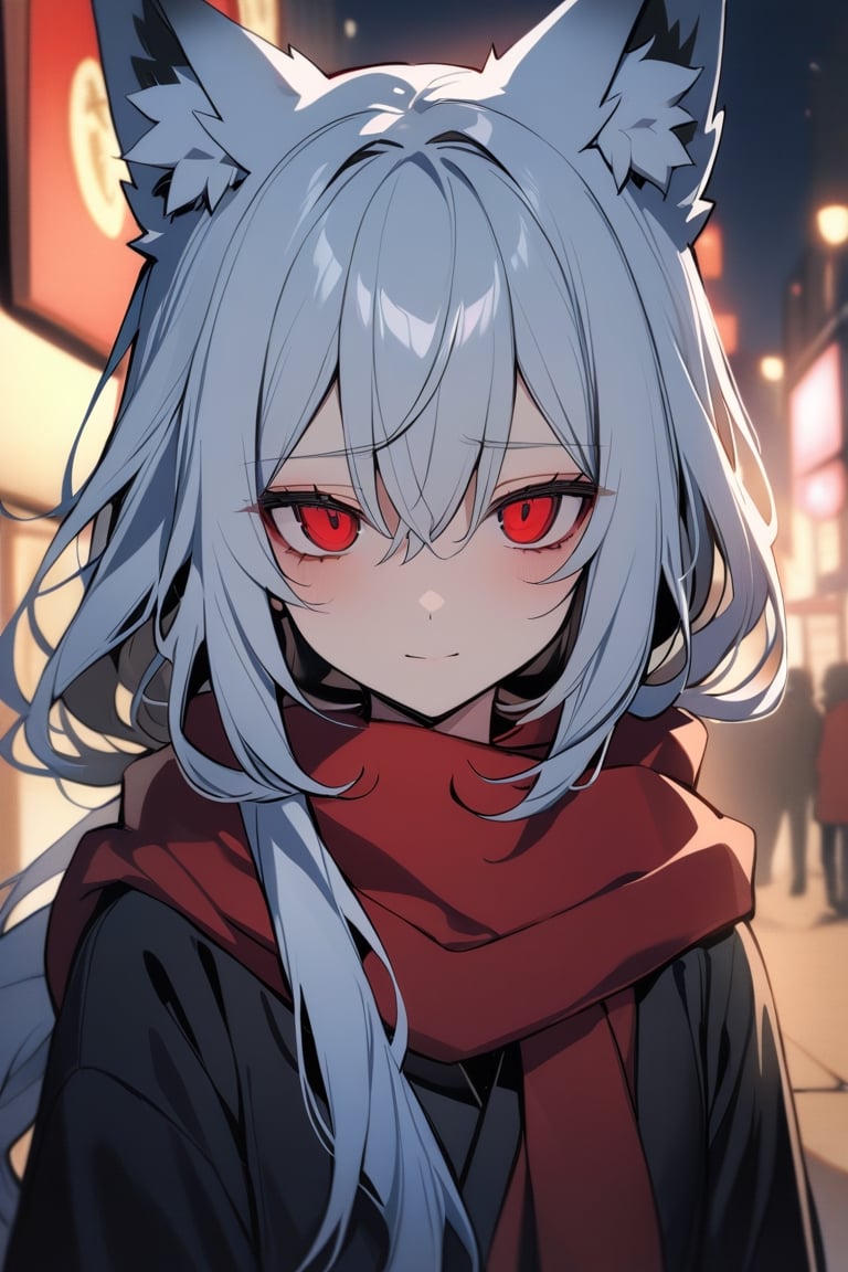 1girl, fox girl, fox ears, solo, upper body, half furry, Portrail, looking to the camera, detailed eyes
tired eyes, sad eyes, Lost look, big black circles under eyes, crimsom red eyes, long hair, light blue hair, black inner hair,
Red scarf, Black strapless kimono, tired smile, depression,  Japanese night city with slightly illuminated buildings background, 
masterpiece, best quality,