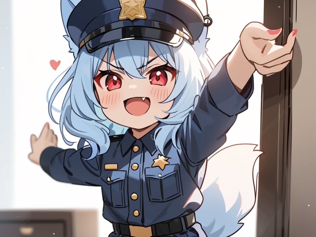 masterpiece, made by a master, 4k, perfect anatomy, perfect details, best quality, high quality, lots of detail.
1 girl, single, fox girl, Fox tail, kumiho, long light blue hair, crimsom red eyes, police_uniform, police equipmen, police hat.
looking at camera, smiling, fang, happy, slightly angry, chibi, Emote Chibi.
simple background,