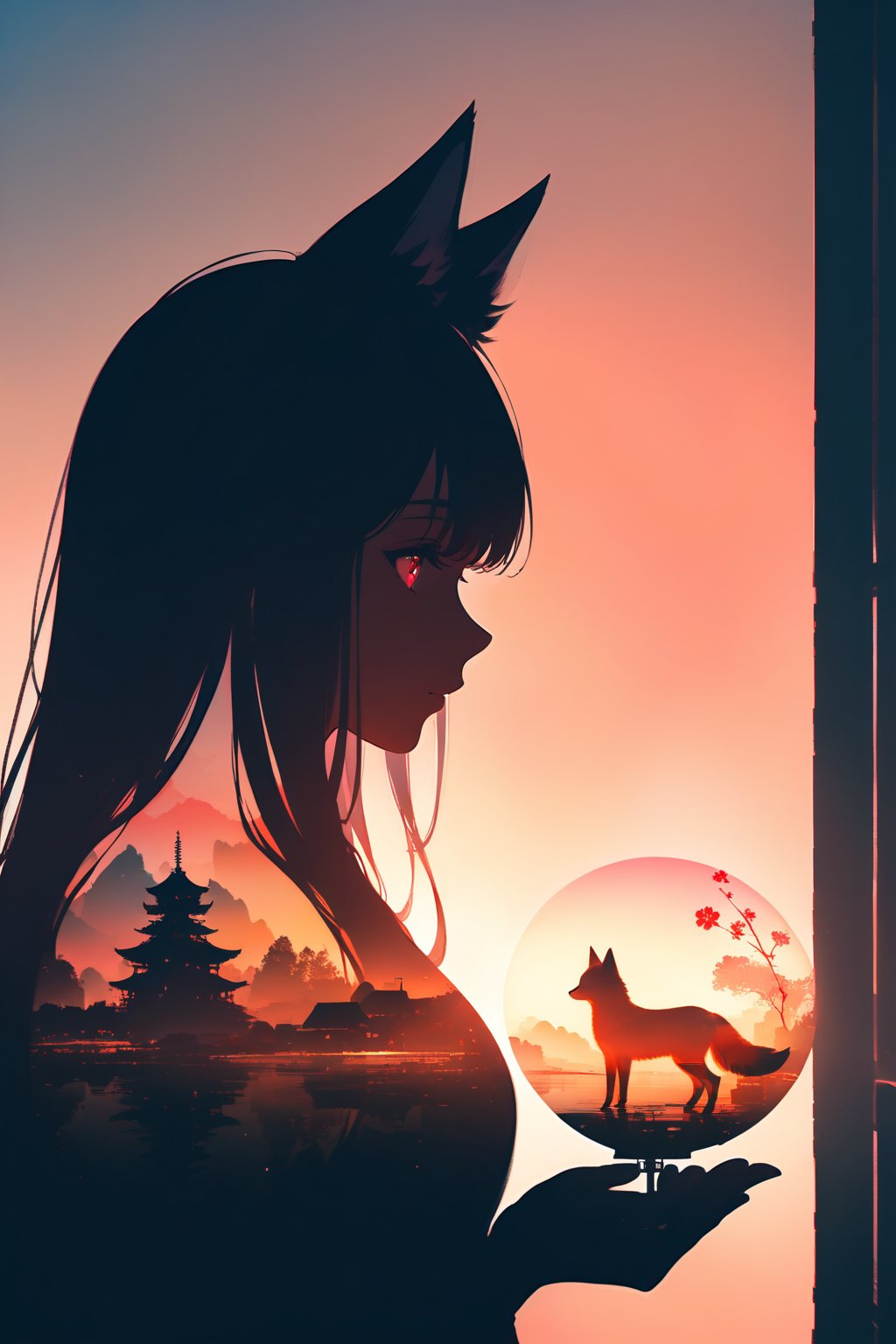 silhouette of a fox girl whit long hair in profile. long fox ears, red crimsom eyes, Soft colors. Inside the silhouette you can see the double exposure with a sakura flower and a littel fox, masterpiece, ((double exposure)), proportional.,DOUBLE EXPOSURE