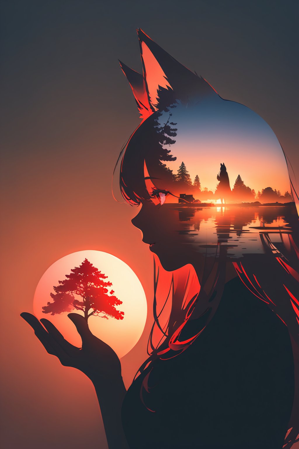 silhouette of a fox girl whit long hair in profile. fox ears, red crimsom eyes, Inside the silhouette you can see the double exposure with a sakura flower, masterpiece, ((double exposure)), proportional.,DOUBLE EXPOSURE