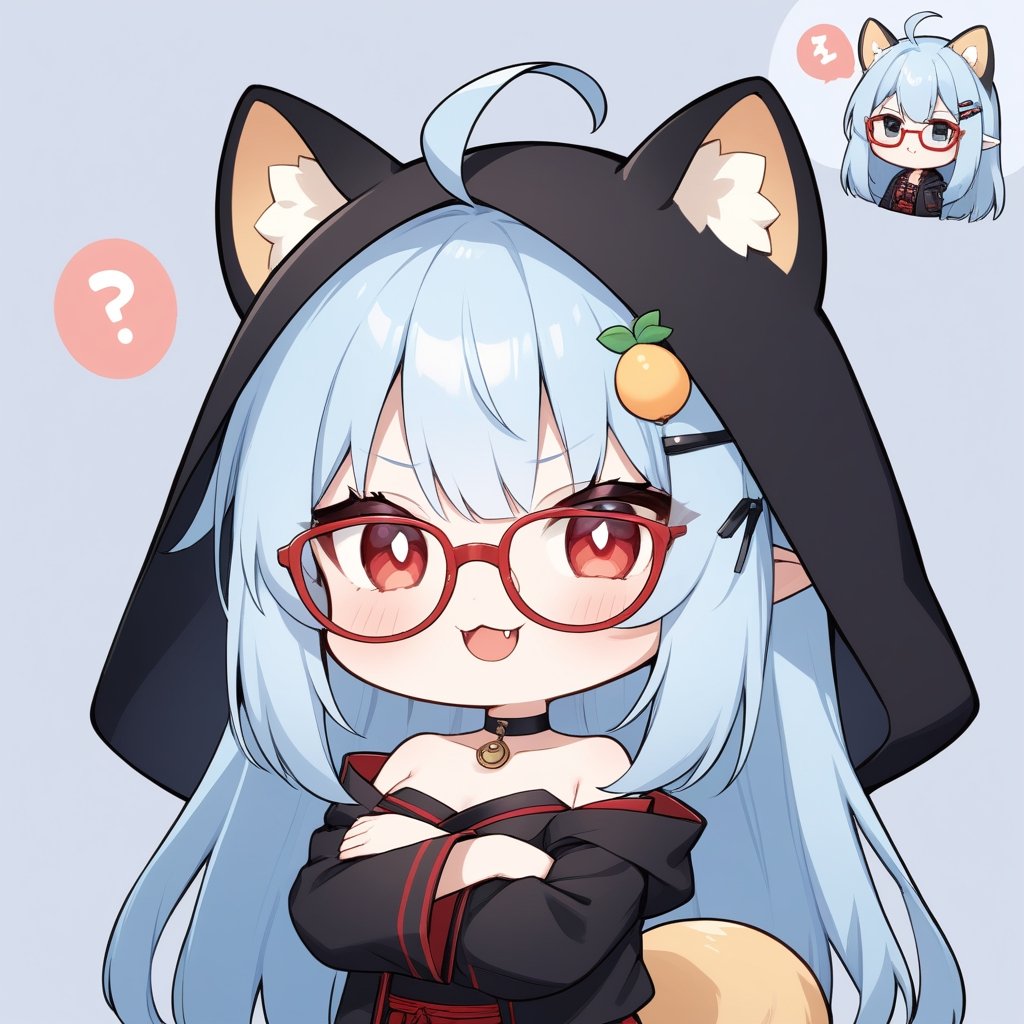 (chibi style), {{{masterpiece}}}, {{{best quality}}}, {{ultra-detailed}}, {beautiful detailed eyes},1girl, solo, fox girl,  ((light blue hair)), very long hair, red crimsom eyes, (straight hair), (bangs), animal ears, (stoat ears:1.2), Choker, ahoge, fangs, (big stoat Tail:1.2), (mini mango hairpin), (black strapless kimono), (black hooded oversized jacket:1.2), (Off the shoulders), (glasses), (smug smile), ((with arms folded)), upper body,chibi emote style,chibi,emote, cute,comic book,