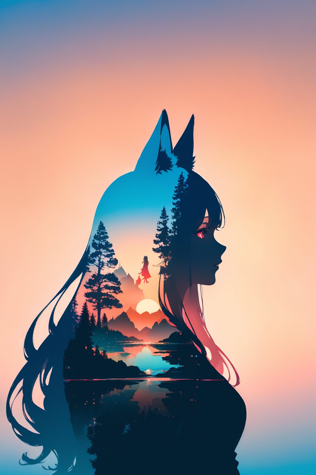 silhouette of a fox girl whit long hair in profile. fox ears, red crimsom eyes, Soft colors. Inside the silhouette you can see the double exposure with a sakura flower, masterpiece, ((double exposure)), proportional.,DOUBLE EXPOSURE