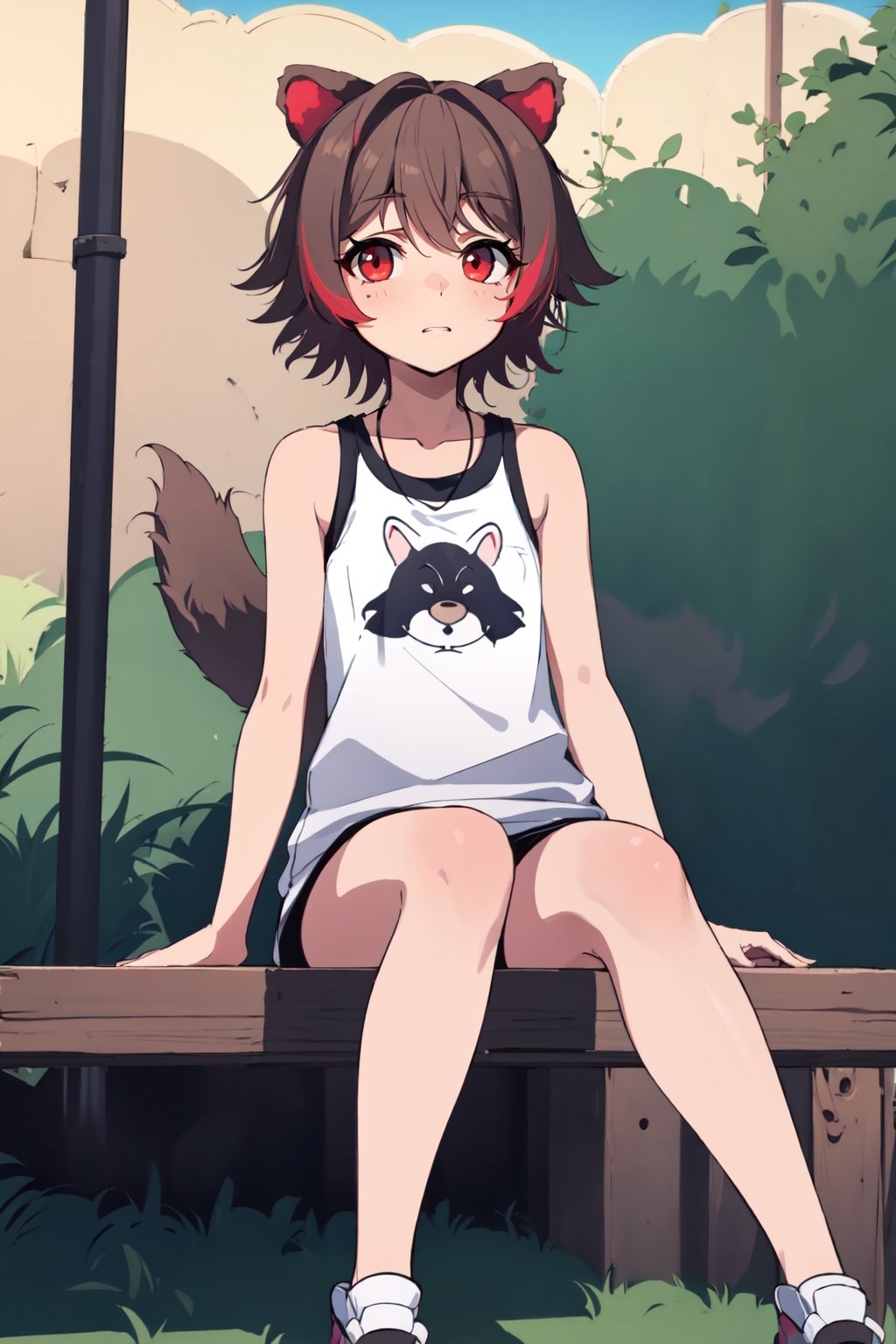 masterpice, best quality, UHD, many details, quality details, made by a master, good outline, 1 girl, athletic body, female_solo, single, full_body, looking_at_viewer, short_hair, brown_hair, red_eyes, animal_ears, animal tail, raccon tail,  japanese style sitting, ,sangonomiya kokomi (sparkling coralbone),Rakkun