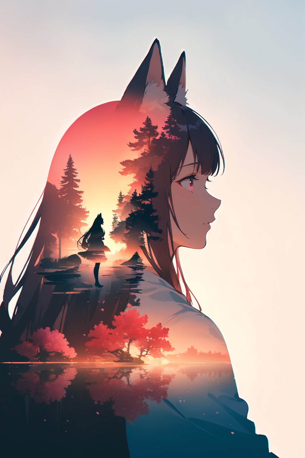 silhouette of a fox girl whit long hair in profile. fox ears, red crimsom eyes, Soft colors. Inside the silhouette you can see the double exposure with a sakura flower, masterpiece, ((double exposure)), proportional.,DOUBLE EXPOSURE