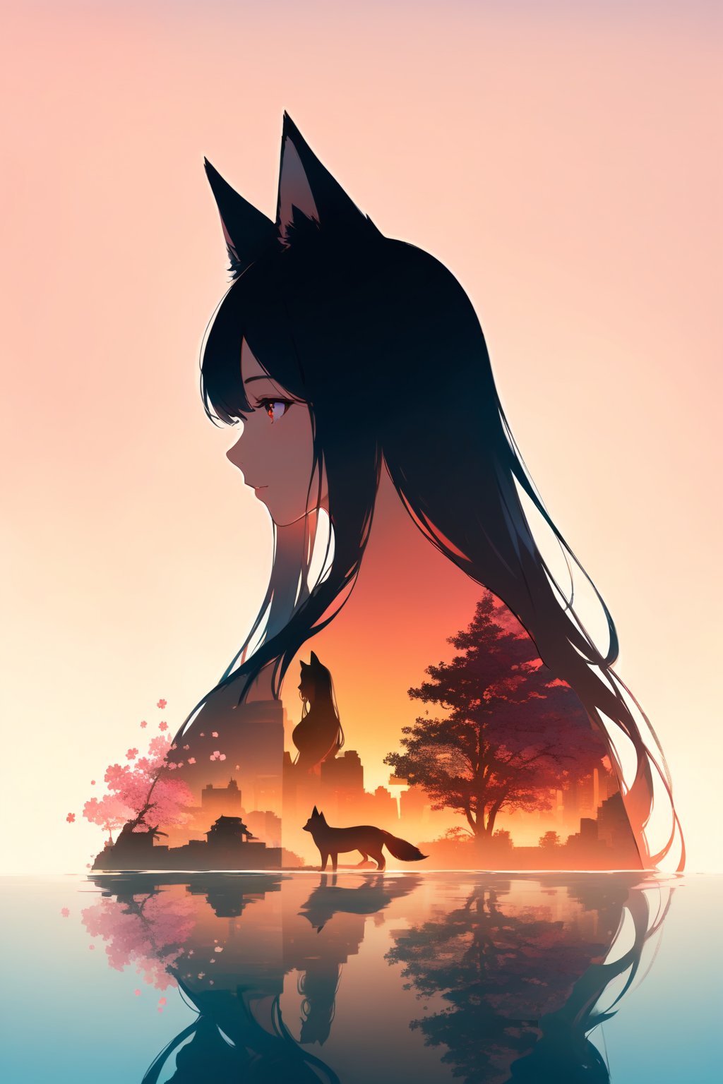 silhouette of a fox girl whit long hair in profile. long fox ears, red crimsom eyes, Soft colors. Inside the silhouette you can see the double exposure with a sakura flower and a littel fox, masterpiece, ((double exposure)), proportional.,DOUBLE EXPOSURE, warm colors