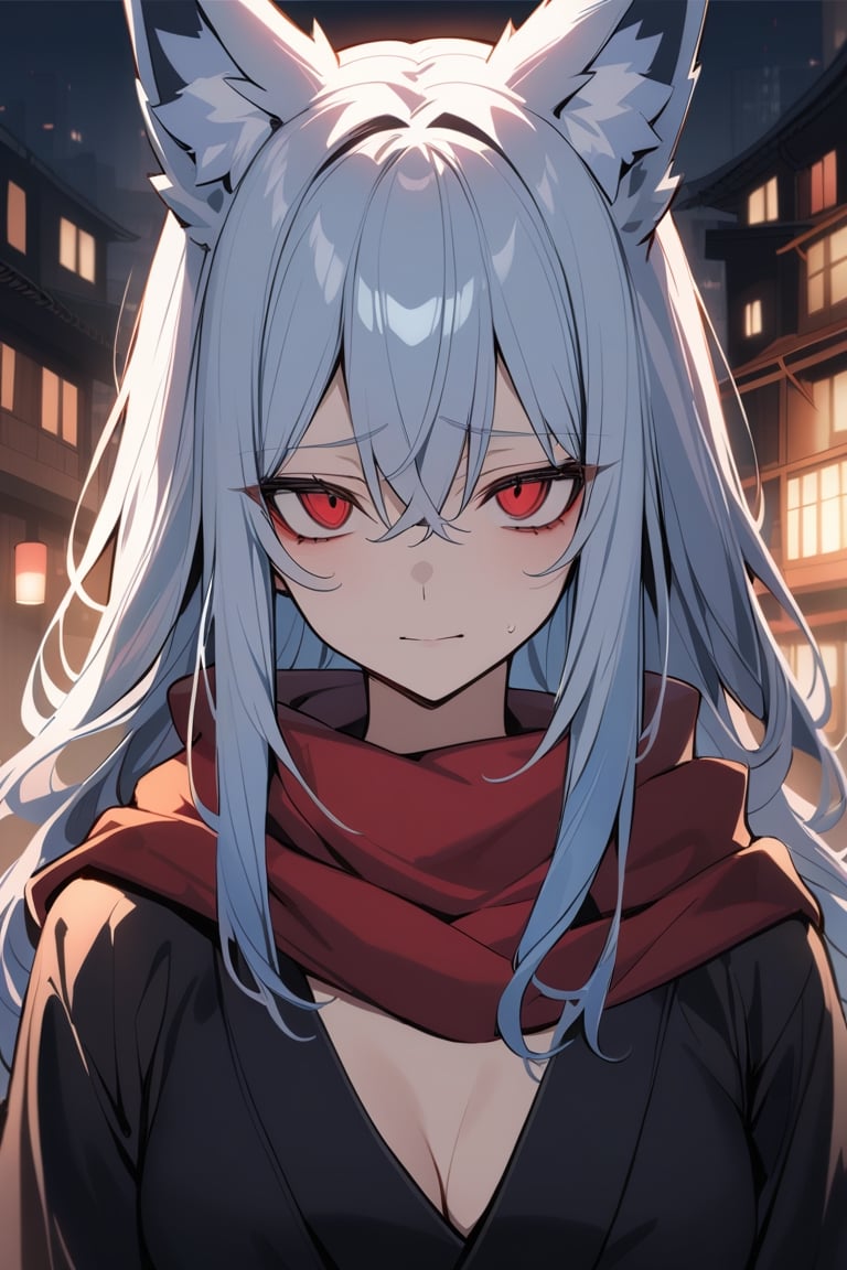 1girl, fox girl, fox ears, solo, upper body, half furry, Portrail, looking to the camera, detailed eyes
tired eyes, sad eyes, Lost look, big black circles under eyes, crimsom red eyes, long hair, light blue hair, black inner hair,
Red scarf, Black strapless kimono, tired smile, depression,  Japanese night city with slightly illuminated buildings background, 
masterpiece, best quality,