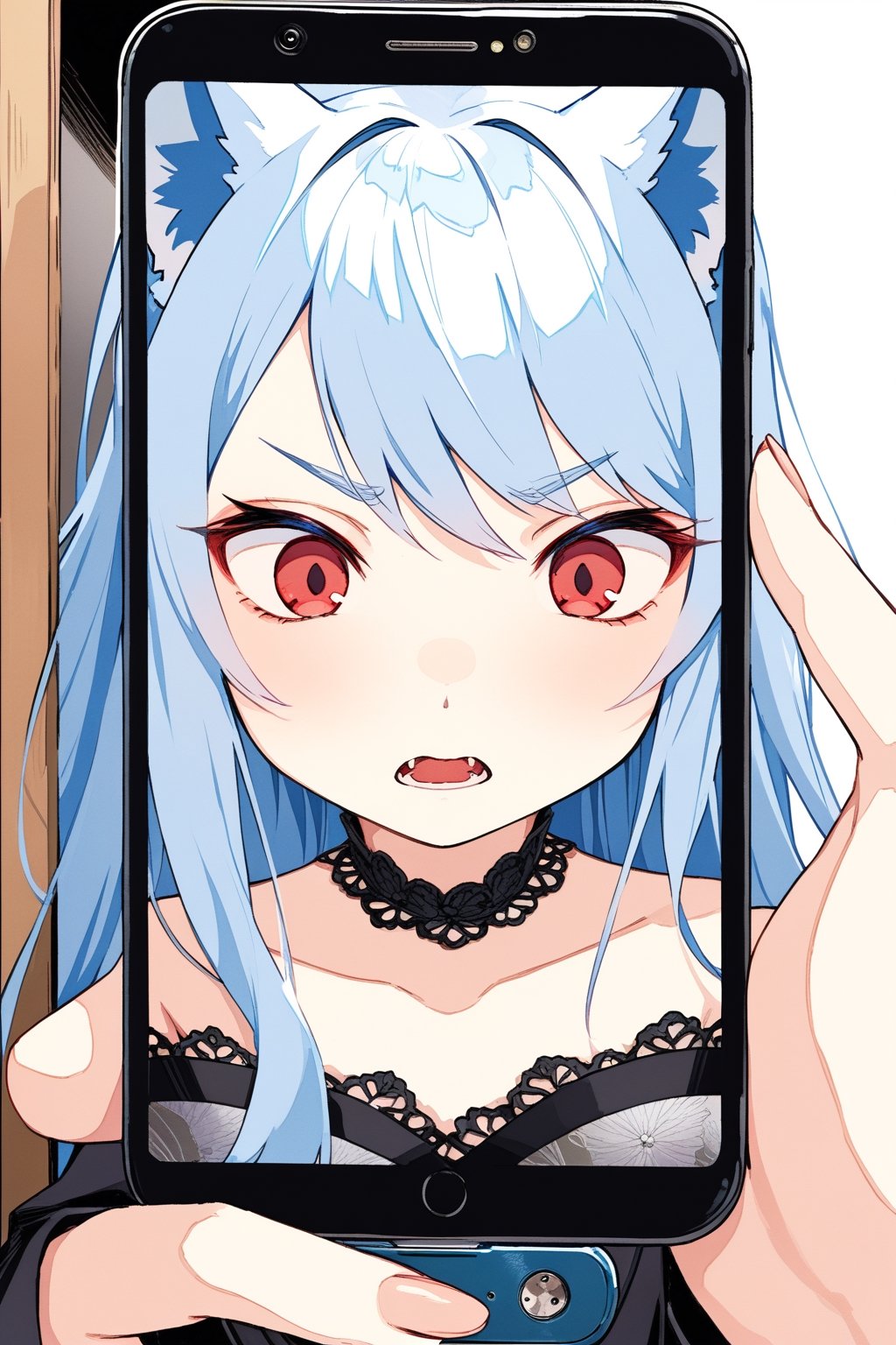 phone screen, a girl , fox girl, kumiho, light blue hair, long hair, red crimsom eyes, insane detail, fine details, little foxes, black strapless kimono, scared, hitting the cell phone from inside, trying to get out