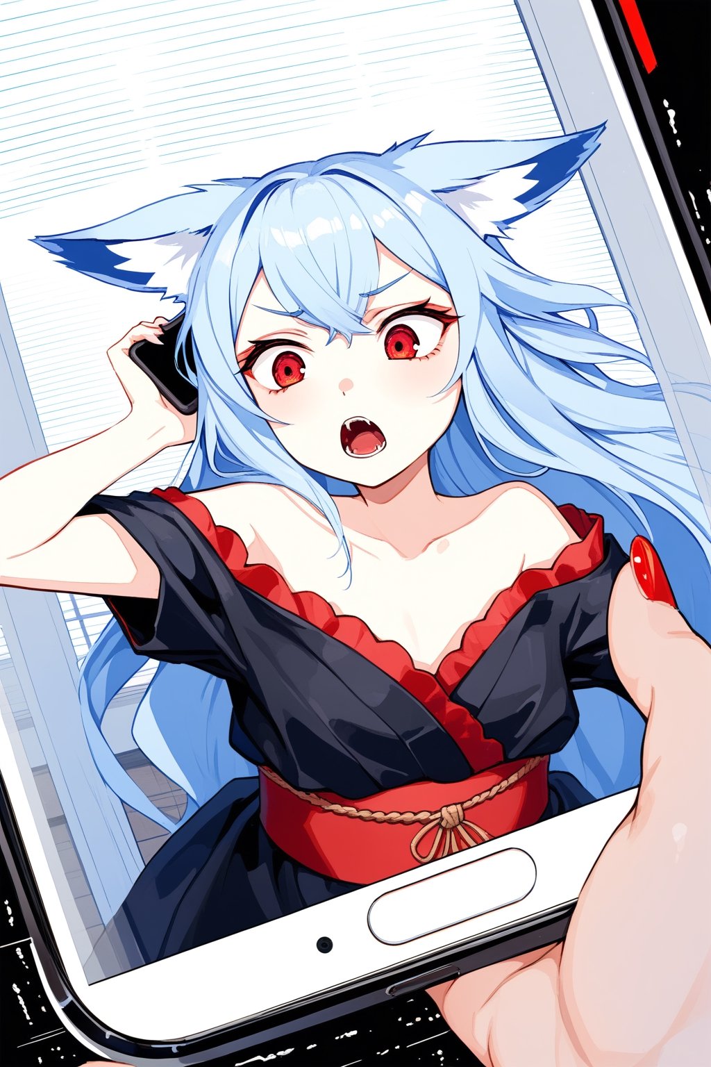 phone screen, a girl , fox girl, kumiho, light blue hair, long hair, red crimsom eyes, insane detail, fine details, little foxes, black strapless kimono, scared, hitting the cell phone from inside, trying to get out