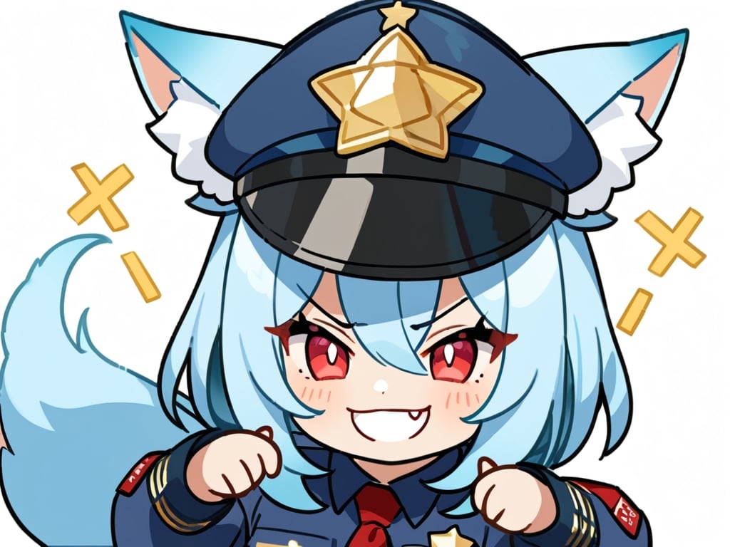 masterpiece, made by a master, 4k, perfect anatomy, perfect details, best quality, high quality, lots of detail.
1 girl, single, fox girl, Fox tail, kumiho, long light blue hair, crimsom red eyes, police_uniform, police equipmen, police hat.
looking at camera, smiling, fang, happy, slightly angry, chibi, Emote Chibi.
simple background,