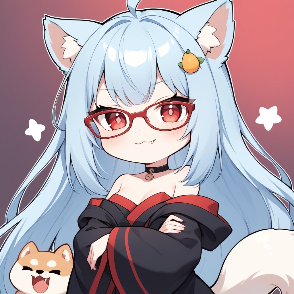 (chibi style), {{{masterpiece}}}, {{{best quality}}}, {{ultra-detailed}}, {beautiful detailed eyes},1girl, solo, fox girl,  ((light blue hair)), very long hair, red crimsom eyes, (straight hair), (bangs), animal ears, (stoat ears:1.2), Choker, ahoge, fangs, (big stoat Tail:1.2), (mini mango hairpin), (black strapless kimono), (black hooded oversized jacket:1.2), (Off the shoulders), (glasses), (smug smile), ((with arms folded)), upper body,chibi emote style,chibi,emote, cute,comic book,