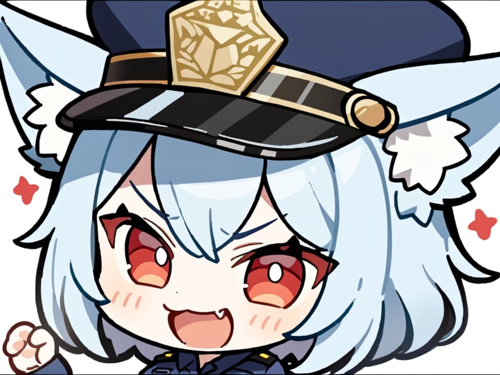 masterpiece, made by a master, 4k, perfect anatomy, perfect details, best quality, high quality, lots of detail.
1 girl, fox girl, kumiho, long light blue hair, crimsom red eyes, police_uniform, police equipmen, police hat.
looking at camera, smiling, fang, happy, slightly angry, chibi, Emote Chibi.
simple background,