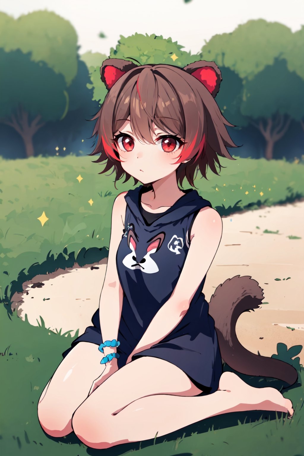 masterpice, best quality, UHD, many details, quality details, made by a master, good outline, 1 girl, athletic body, female_solo, single, full_body, looking_at_viewer, short_hair, brown_hair, red_eyes, animal_ears, animal tail, raccon tail,  japanese style sitting, ,sangonomiya kokomi (sparkling coralbone),Rakkun