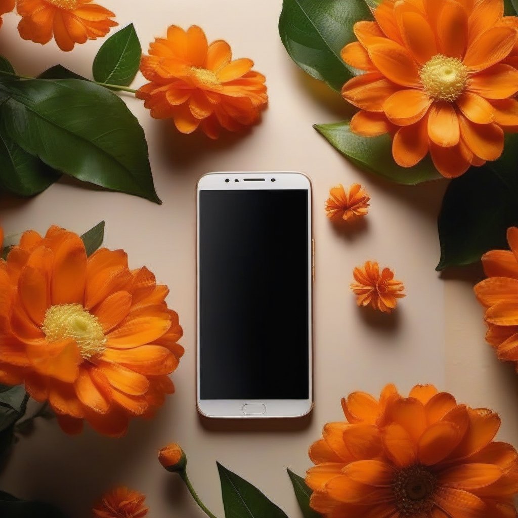masterpiece, best quality, photography advertising of phone products, myphamhoahong photo, flower, (orange flower:1.2), leaf, branch, petals, plant, gradient, garden, realistic, cold theme, scenery, shadow, still life 