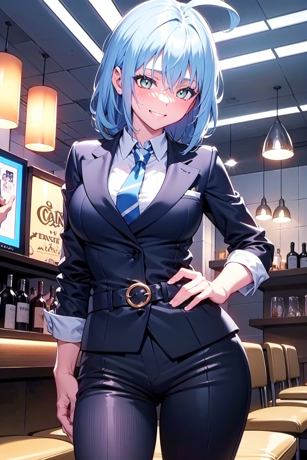 
amber_eyes, alone,
perfect_eyes, grinning , sexy_look , hot_look ,smile_face
,thong, curvy_figure,  , perfect_hands, indoors, blushing, , from_below, normal_breasts,  blue_fullbody_formal_suit 
,blue_suit,  black_normal_tie, 
 , a lot_bottles_in_baclgrounds, Violet_light ,
Violet light_baclgrounds,casino ,
,sexy_look ,
hand_resting_on_the_waist ,
hand_on_waist , ,Rimuru_Tempest, blue _hair, long_hair
, black_casino_bar , wine_glass_in_one_hand , bar ,drunk , touching_herself , male_coat_suit , formal_blue_pants